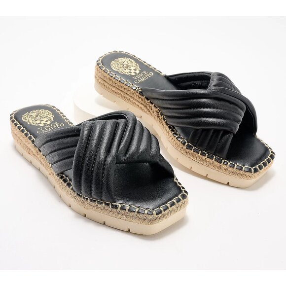 Vince Camuto Shoes - Vince Camuto Melysa Leather Slip Op Crossband Boho Slide Sandals Black 8M/39